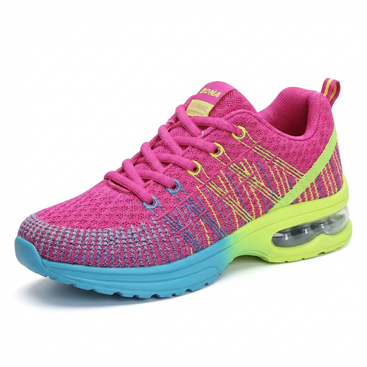 Baskets Running Femme Coussin d'Air Gris Rose Néon — Chaussures Sport Mesh Respirant Légères Antichoc Lacets Fitness Marche Tailles 35–40