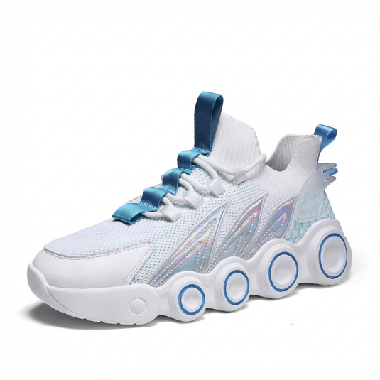 Baskets Chunky Plateforme Homme Blanc Bleu — Design Flamme Holographique EVA Respirant Semelle Bulle Rehaussante Tendance Streetwear 39–44