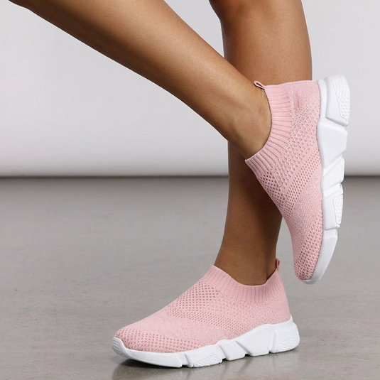 Women's Pink Knitted Mesh Slip-On Sneakers — Lightweight Breathable Sock Shoes Rubber Sole Laceless Comfortable Walking Casual 2026