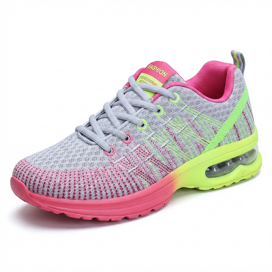 Baskets de course pour femme, avec coussin d'air, grises et rose fluo — Chaussures de sport en maille respirante, légères, antichoc, à lacets, pour le fitness et la marche, Tailles 35–40