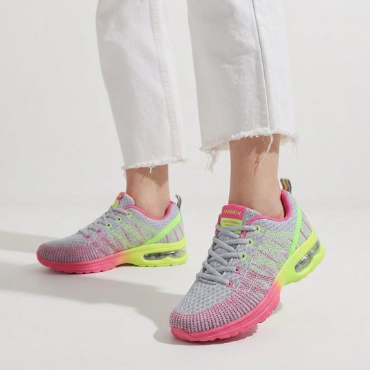Baskets de course pour femme, avec coussin d'air, grises et rose fluo — Chaussures de sport en maille respirante, légères, antichoc, à lacets, pour le fitness et la marche, Tailles 35–40