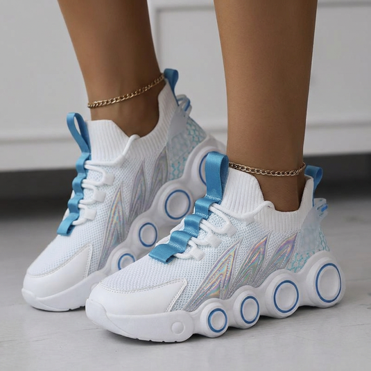Baskets Chunky Plateforme Homme Blanc Bleu — Design Flamme Holographique EVA Respirant Semelle Bulle Rehaussante Tendance Streetwear 39–44